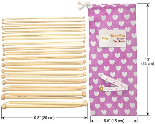 Celley 36PCS Sustainable Bamboo Knitting Needles w/Tape Measure, Size Chart and Pink Pouch Case, Sizes 2mm – 10mm Single Pointed Ergonomic Wooden Needle Set