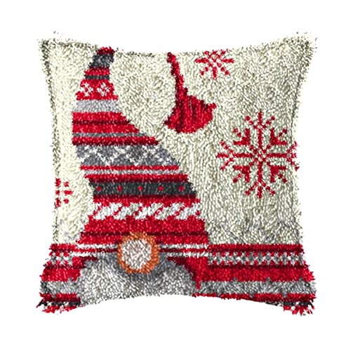 Latch Hook Kits DIY Throw Pillow Cover Printed Christmas Hat Canvas Crocheting Embroidery Set Crafts for Kids/Adults Sofa Decor 17'' x 17''