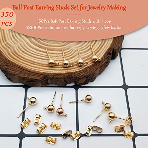 150Pcs Ball Post Earring Studs for Jewelry Making,Earring Studs Ball Ear Pin Ball Post Earrings with Loop with 200Pcs Butterfly Earring Back Replacements for DIY Jewelry Making Findings(KC Gold)
