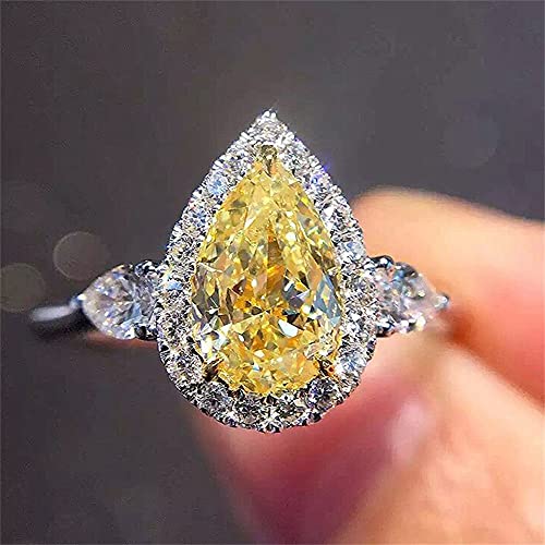 925 Sterling Silver Full Diamond Ring Shiny Citrine Ring Tear Drop 3Ct Zirconia Promise Halo Rings CZ Yellow Gem Cocktail Rings Eternity Engagement Wedding Band Ring for Women TZ.118 (US Code 6)