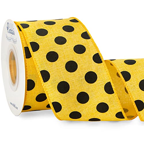 Ribbli Yellow with Black Polka Dot Wired Ribbon, 2-1/2 Inch x 10 Yard, Bumble Bee Burlap Ribbon for Craft, Wreath,Tree Decoration, Outdoor Decoration