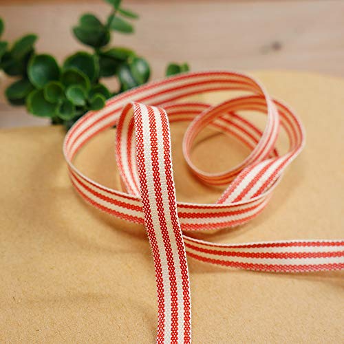 CT CRAFT LLC Natural Cotton Stripes Ribbon for Home Decor, Gift Wrapping, DIY Crafts, 10 mm (3/8”) x 10 Yards x 1 Rolls - Red