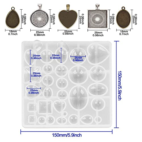 Souarts 30Pcs Pendant Silicone Molds Set, Round Square Heart Teardrop Oval Pendants with 1Pc Silicone Resin Molds, for Pendant Earring Necklace Keychain Resin Crafting DIY Jewelry Gifts Making