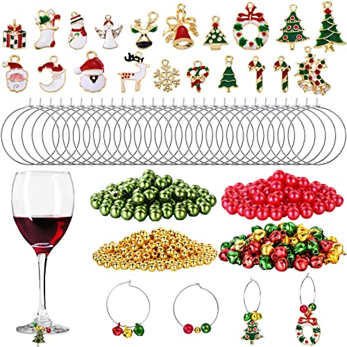 WILLBOND 670 Pieces Christmas Wine Glass Charms Assorted Enamel Charm Pendant Wine Glass Charm Rings Christmas Bells Gold Beads Red Green Beads for Xmas Wine Glass Markers DIY Making Jewelry
