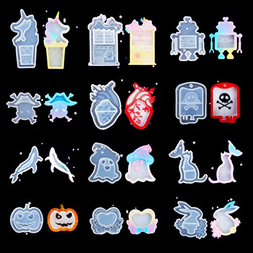 FineInno 12 Pcs Quicksand Resin Casting Molds,Resin Art Shaker Mold, Crystal Silicone Hollow Mold Epoxy Pendant Mold Pumpkin,Unicorn,Whale