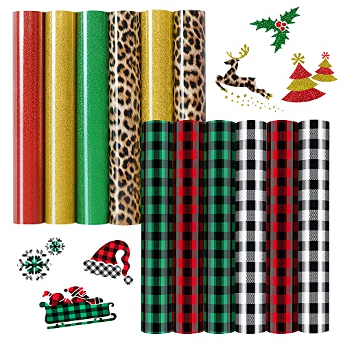 Heat Transfer Vinyl HTV- 12 Pack 12"x 10", Iron On Vinyl for Cricut or Heat Press Machine, 7 Assorted Colors Christmas Decorations for Shirts Dress
