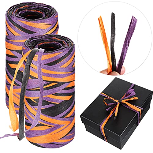 Halloween Raffia Ribbon 524 Feet Colored Raffia Paper Ribbon Colorful Paper String Twine Halloween Twine Wrapping Craft Ribbon for Wreaths Party Home DIY Decoration Basket Weaving, 3 Color (2 Rolls)