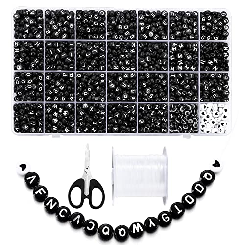 1680 Pieces A-Z Black Letter Beads, Acrylic 4x7mm Round Letter Beads Kits Vowel Alphabet Beads, Evil Eye Beads Heart Beads for Bracelets Necklaces DIY Jewelry Making Crafts (Black (1680pcs))