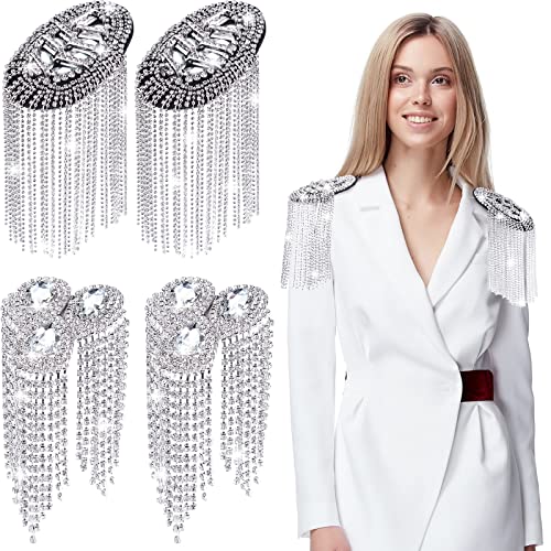 4 Pieces Rhinestone Tassel Shoulder Applique Crystal Fringe Shoulder Epaulette Shoulder Badge Decor for Women DIY Jacket Clothes Accessories, 2 Style (Silver)