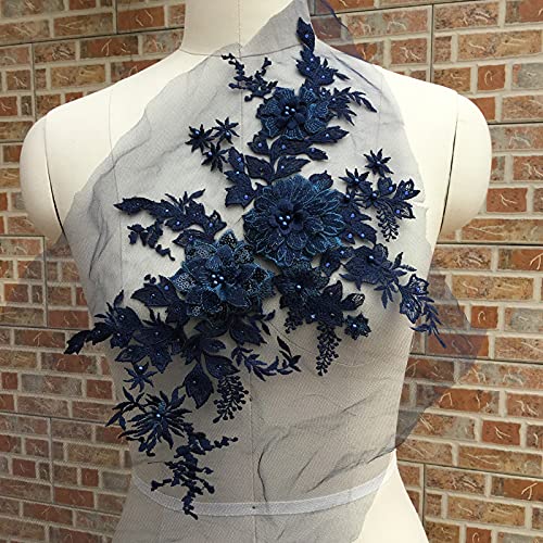 2 Pcs Makaron Series Beads Beads Hot Drilling 3D Three-Dimensional Flower Lace Wedding Dress, Children's Wear, Stage Costume Accessories (Navy)