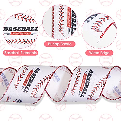 4 Rolls Wired Edge Ribbon 2.5 Inches x 24 Yard Sport Ball Craft Ribbon 4 Kinds Field Pattern Wired Ribbon for Wreath Wrapping Sport Team Party Decoration and Crafting (Baseball)