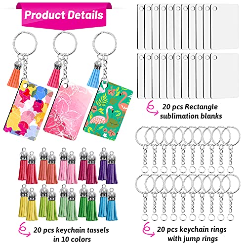 Rectangle Sublimation Keychain Blanks, 80 PCS Sublimation Blanks Products Bulk with Heat Press Transfer Double-Side Printed Keychain Blanks Tassels Key Rings for DIY Office Tag Art Craft Ornament