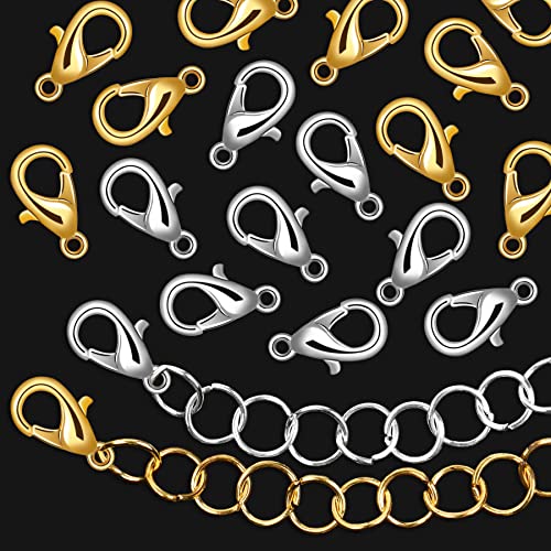 400PCS Jewelry Clasps with Open Jump Rings, Lobster Claw Clasps Silver & Gold Bracelet Necklace Clasps for DIY Jewelry Making, 12mmX7mm