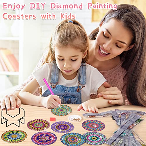 Diamond Painting Coasters Kit, 8 Pieces Mandala Diamond Painting Coasters with Holder, DIY Diamond Art Coasters for Beginners, Kids