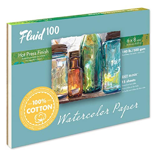 Fluid 100 Artist Watercolor Block, 140 lb (300 GSM) 100% Cotton Hot Press Pad for Watercolor Painting and Wet Media w/ Easy Block Binding, 6 x 8, 15 Sheets