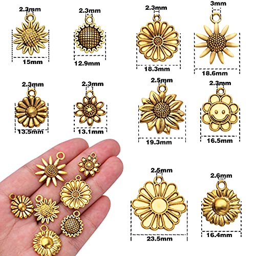 50pcs Antique Gold Sunflower Charms Tibetan Alloy Vintage Flower Pendants Crafts Supplies for DIY Earring Necklace Bracelet Key Chains Jewelry Making Findings, 10 Styles