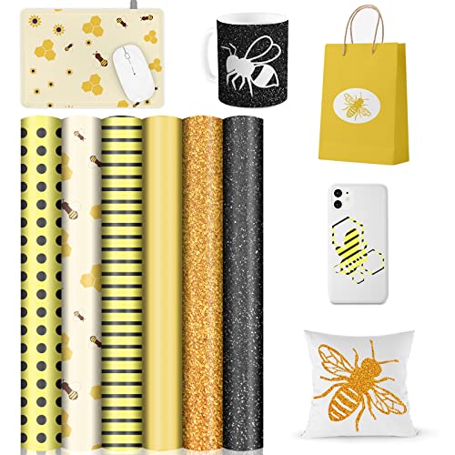 Gold Infusible Transfer Ink Sheets Patterns 6Pcs Black Yellow Bee Sublimation Sheets Infusible Ink Vinyl Pre-Inked Infusible Sublimation Ink Transfer Sheets for Mugs