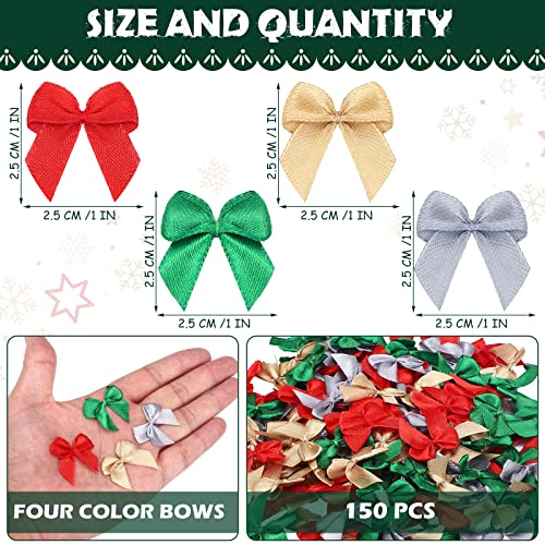 150 Pcs Christmas Checkered Natural Mini Bow Tiny Twist Tie Bow Handmade Craft Ribbon Bow Hair Small Bow Buffalo Plaid Bow Craft Supply for DIY Sewing Party Decor (Gold, Silver, Red, Green)