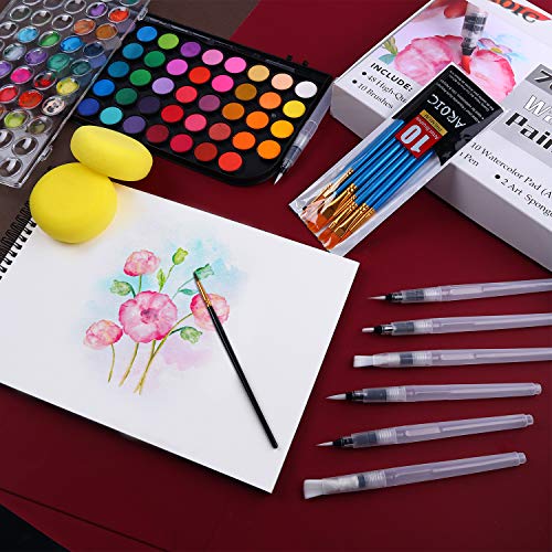Watercolor Paint Set, 48 Color Watercolor with 10 PCS Nylon Brushes,6 PCS Refillable Water Brush Pen, 10 Page Pad(A4) and 2 PCS Art Sponges. Watercolor Paint Set for Adults,Children and Beginners.
