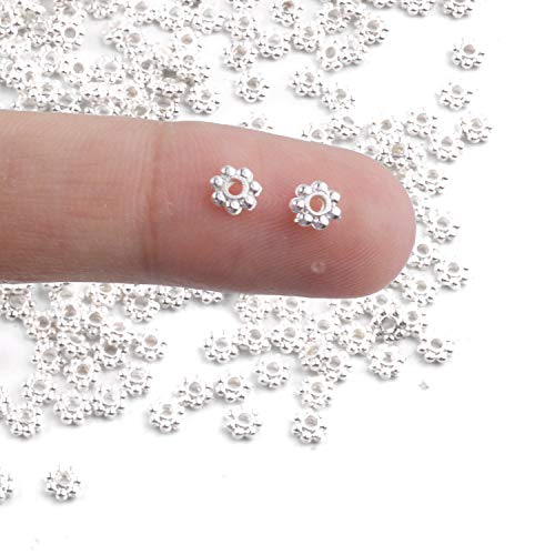 BronaGrand 500pcs Metal Daisy Spacer Beads 4mm for DIY Jewelry Making(Silver)