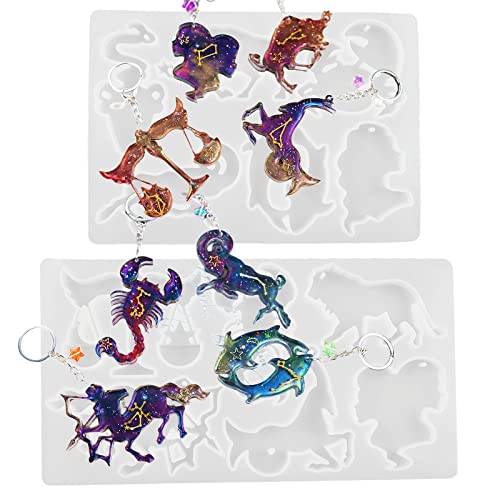 Zodiac Keychain Silicone Resin Molds 12 Constellation Animals Pendant Epoxy Resin Casting Mold with Hole DIY Jewelry Earring Making Ornaments Art Craft Decoration