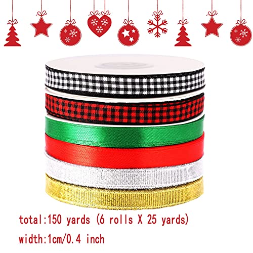 6 Rolls 150 Yards Christmas Wrapping Ribbon Glitter Fabric Holiday Festival Satin Plaid Ribbons for Gift Wrapping Decoration Floral Bows Craft…