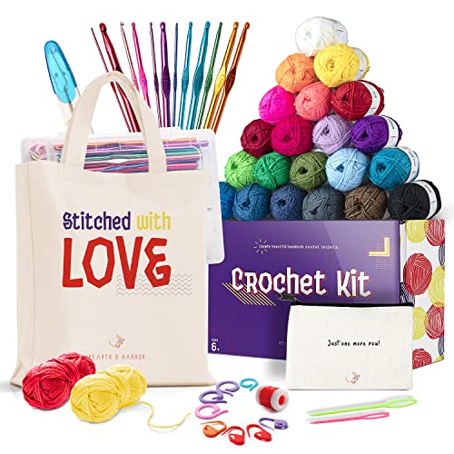 43 Piece Crochet Kit for Beginners Adults and Kids, Small Crochet Set with 9 Crochet Hooks Set and 55 Yards of Yarn for Crocheting Kit, Canvas Tote Bag and Lots More - Beginner Crochet Kit