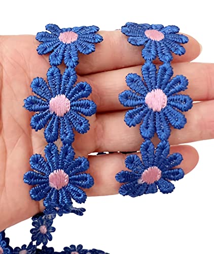 PEPPERLONELY 2 Yards Lace Trim Daisy Flower Ribbon-Flower Ribbon Trim for Clothes Dress Sewing Flower Making Home Party Wedding Decoration Lace Ribbon Craft - Royal Blue