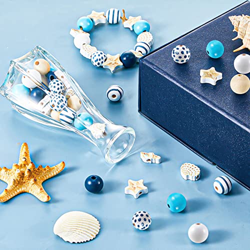 100 Pcs Ocean Theme Wood Beads for Crafts Colored Wooden Beads with Holes Blue Nautical Beads Starfish Conch Seashell Round Spacer Beads Polished with Rope for DIY Arts Summer Beach Party Decoration