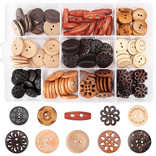 Assorted Wooden Buttons, 120Pcs Wooden Handmade Buttons, Wooden Sewing Buttons Art DIY Craft Supplies with Box