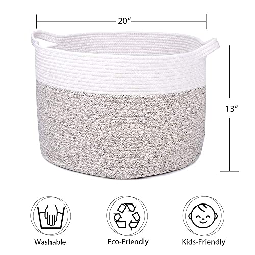 Blanket Basket Decorative Woven Storage Basket Large Toy Basket 20''X20''X13'' | Hombins Round Cotton Rope Basket for Pillow, Laundry, Real Leather Handles, 2-Toned