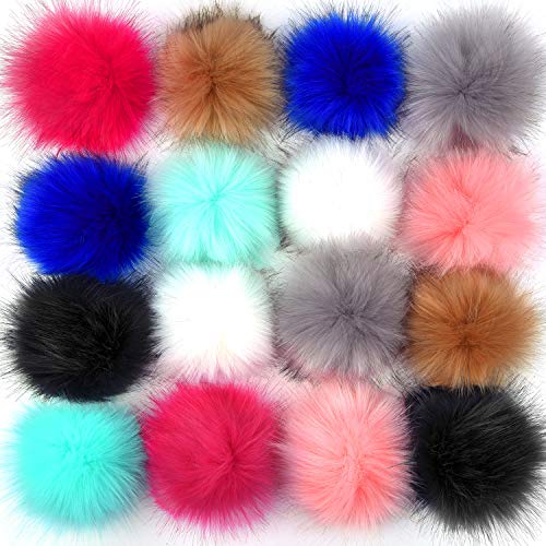 Coopay 16 Pieces Faux Fur Pom Pom Ball DIY Fur Pom Poms for Hats Shoes Scarves Bag Pompoms Keychain Charms Knitting Hat Accessories (Multicolor)