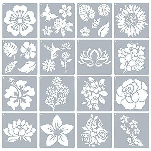AK KYC 16 Pieces Flower Stencils Sunflower Stencil Butterfly Bird Leaf Spring Summer Stencil Drawing Reusable Painting Stencil for Painting on Wood Wall Home Decor (5.1 x 5.1 Inch)…
