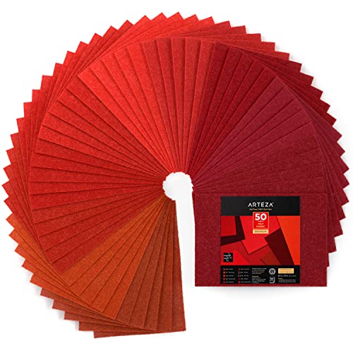 Arteza Red Felt Sheets, Set of 50, 8.3 x 11.8 inches, 10 Tones of Craft Felt, 20 Soft and 30 Stiff Non Woven Felt Fabric Squares, 1.5mm and 1.3mm Thick, Sewing Fabric for DIY Projects