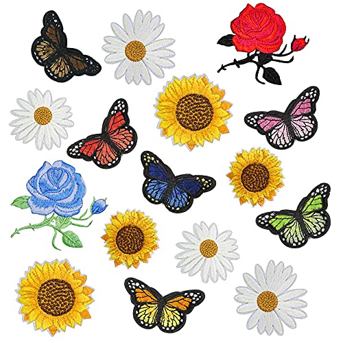 16 pcs Daisy Flower Butterfly Iron/Sew on Patches, Rose Sunflower Embroidery DIY Patches for Backpacks Clothing Jeans Jackets Dress