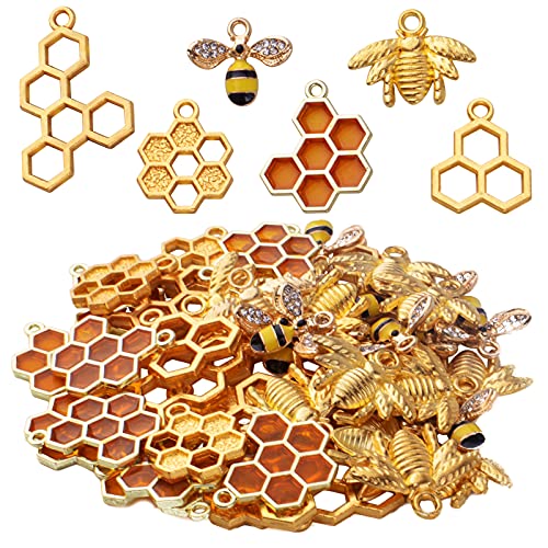 BronaGrand 50pcs Honeycomb Bee Charms Enamel Bee Charms Rhinestone Alloy Honeybee Pendant Honeycomb Charms Pendants for DIY Necklace Earrings Bracelet Jewelry Making Accessories