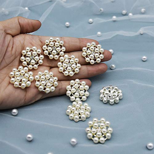 24 pcs Pearl Buttons Rhinestone Crystal Silver Flatback Beads Brooches Elegant Embellishment Accessory DIY Craft for Wedding Party Bags Shoes Dress Home Decoration 24mm (Silver)