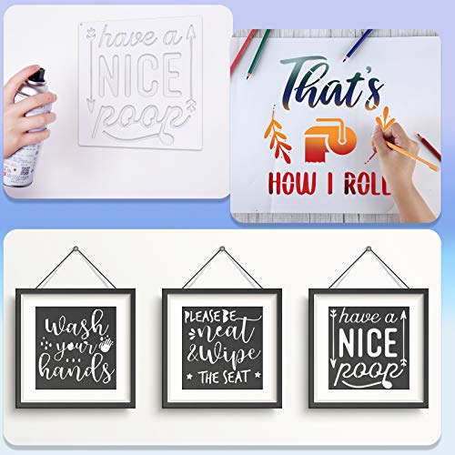 9 Pieces Bathroom Stencils Bathroom Wall Decor Sign Stencils Reusable Quote Saying Stencils Template with Open Ring for Painting on Wood Wall Mirror Bathroom Decor