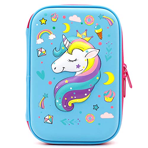 SOOCUTE Crown Unicorn Gifts for Girls - Cute Big Size Hardtop Pencil Case with Compartment - Kids School Supply Organizer Stationery Box Zipper Pouch (Light Blue)