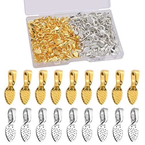 BENBO 200 Pcs Oval Jewelry Glue On Earring Bails Pendants Spoon DIY Oval Jewelry Scrabble Glue On Bails Charms for Fitting Glass Cabochon Tiles Jewelry Marking with Box
