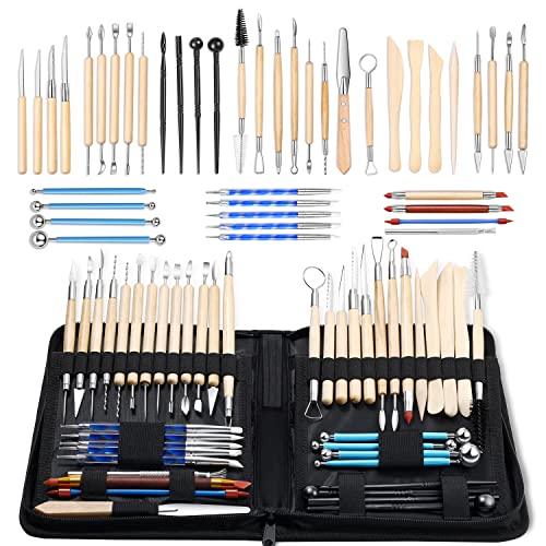 ISSEVE Pottery Clay Sculpting Tools 43Pcs Double Sided Ceramic Clay Carving Tool Set with Upgrade Stand-Up Design Carrying Case for Beginners Professionals School Student Pottery Modeling Smoothing