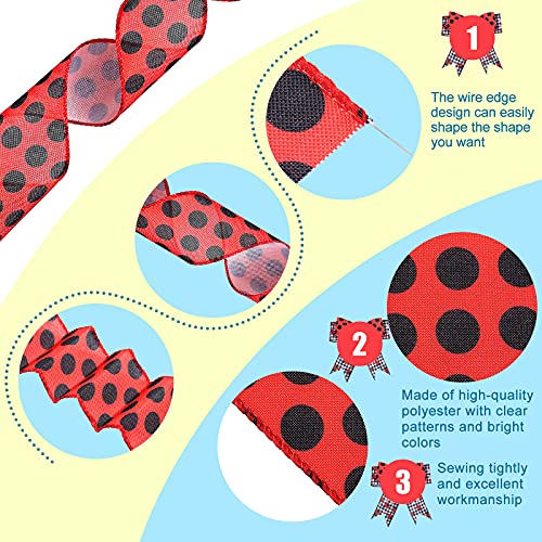 WILLBON 4 Rolls 2.5 Inch x 24 Yard Ladybugs Canvas Ribbons Lady Bug Wire Edged Wrapping Ribbon Red Polka Dot Wired Edge Ribbon Grosgrain Red Dot Craft Ribbon for Crafting Wrapping Party Decoration