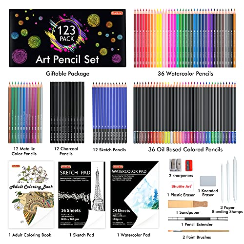 Shuttle Art Drawing Kit, 123 Pack Art Pencil Set, Professional Drawing Art Set with Colored Pencils, Watercolor Pencils, Sketch Pencils and Drawing Pad, Ideal Art supplies For Adults Kids Artists