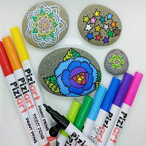 PIZIART Acrylic Paint Pens for Rock Painting, Stone, Glass, Ceramic, Wood, Canvas, Fabric, Kindness Rocks, Mugs, DIY Crafts. Set of 15 Paint Markers. Extra-Fine Tip, Non-Toxic, Quick-Dry.