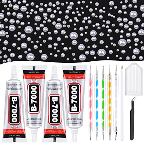 B-7000 Clear Rhinestone Glue and Flat Back Pearls for Craft, Shynek 4Pcs 25ML Crystal Jewelry Glue with 10000PCS AB White Pearl Rhinestones for Tumblers, Nails, Fabric, Crafts