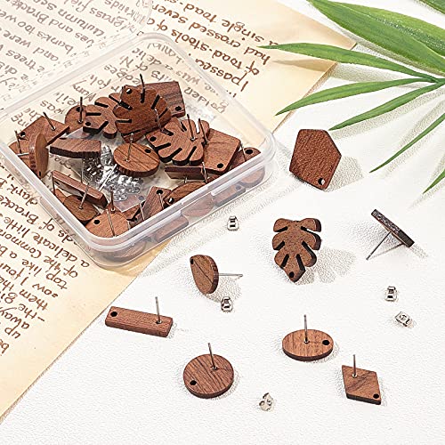 OLYCRAFT 16 Pairs Stud Earring Findings Walnut Wood Stud Earrings with 32pcs Iron Ear Nuts Vintage Walnut Wood Earring Accessories for Earring Jewelry Making Decoration Mixed Shapes