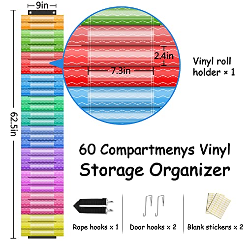 ABCxGOOD 60 Compartments Vinyl Rolls Holder,Vinyl Storage Organizer Door/Closet Hanging/Wall Mounting,Craft Vinyl Storage Rack with Name Sticker,Heavy-duty Hooks for Craft Room,Black