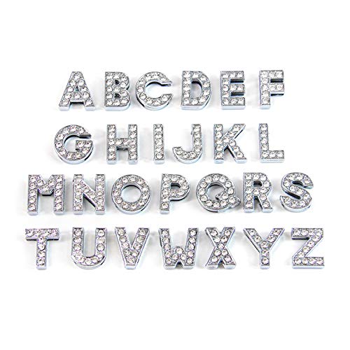 AUEAR, Crystal Rhinestone Slide Charms Alloy Alphabet A-Z Alphabet Letters for DIY Wristbands Bracelets Jewelry Making (Silver, 26 Pack, 10mm, Full Rhinestone)