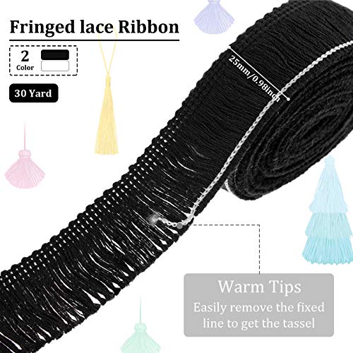 30 Yards 25 mm Wide Fringe Tassel Trim, Lace Trim Ribbon Fringe Trim Lace for Sewing Crafts Clothing, Curtains (Black, White)