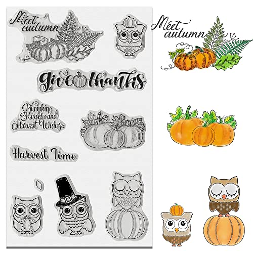 ALIBBON Fall Owl Clear Stamps for Card Making and Photo Album Decorations, Harvest Pumpkin Clear Stamps, Thanksgiving Words Transparent Silicone Rubber Stamps for Card Making and DIY Scrapbooking